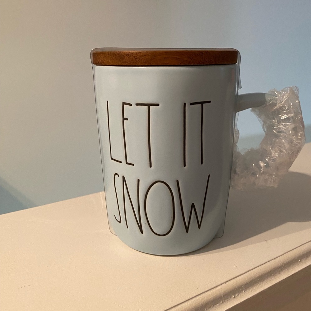 Rae Dunn Blue Mug with Wooden Coaster Lid Let it Snow Christmas Winter Holiday